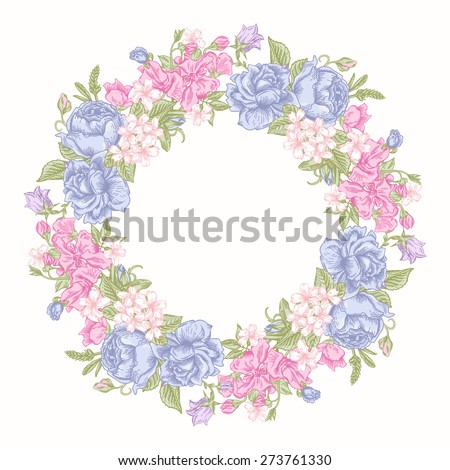 Invitation card with floral round wreath in pastel colors. Roses, decorative peas, buttercups. Vintage vector illustration.