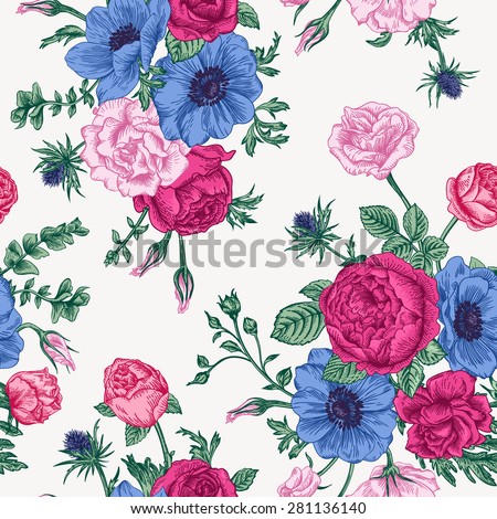 Seamless floral pattern with bouquet of colorful flowers on a white background. Roses, anemones, eustoma.