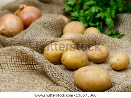 Raw potatoes on the old rag bag with onion and parsley in background