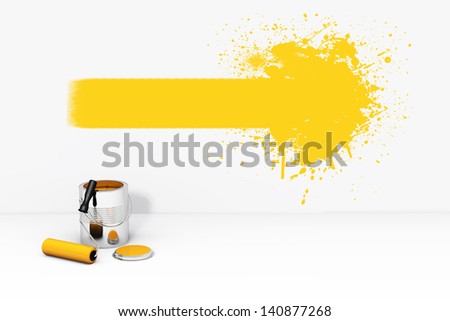 Can orange paint roller brush and splash on the wall