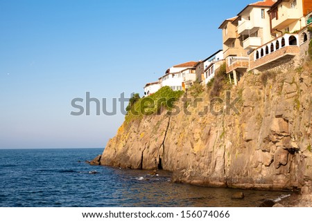 Houses on the cliff above the sea in Sozopol in Bulgaria