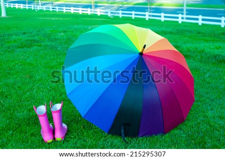 Rainbow umbrella with rubber boots on the green grass