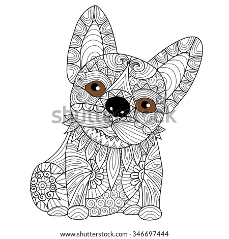 Hand drawn zentangle bulldog puppyfor coloring page