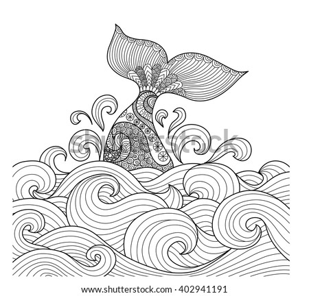 Whale tail in the wavy ocean line art design for coloring book fro adult,sign, logo, T-shirt design, card and design elelment