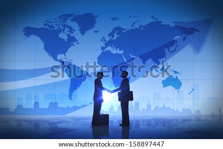 Two Business Man Shake Hand Silhouettes City With World Maps Rendered With Computer Graphic.