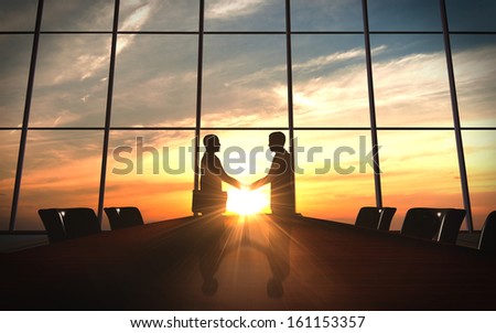 Two business  shake hand in office silhouettes rendered with computer graphic 3d