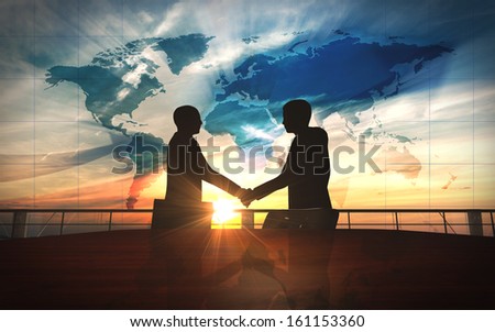 World Business Shake Hand In Office Silhouettes Rendered With Computer Graphic 3d