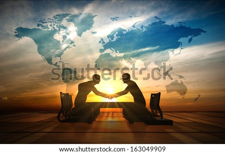 World Asian Businessmen handshake in meeting room rendered by computer graphic 3d.