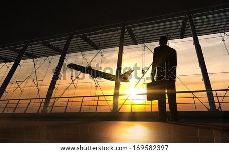 Business man silhouette in the airport rendered by computer graphic 3D.