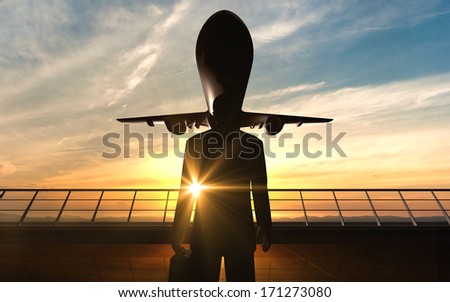 Business man silhouette in the airport rendered by computer graphic 3D.