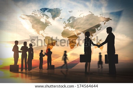 Global Team Business shake hand and meeting silhouettes