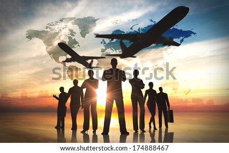 Global Business people team with airplane silhouettes
