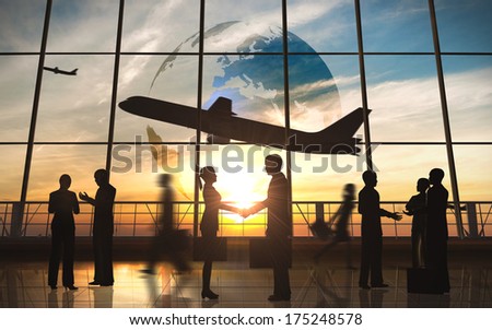 Global Team Business shake hand with airplane silhouettes