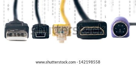 Computer connectivity cables with binary numbers and space for text isolated on white