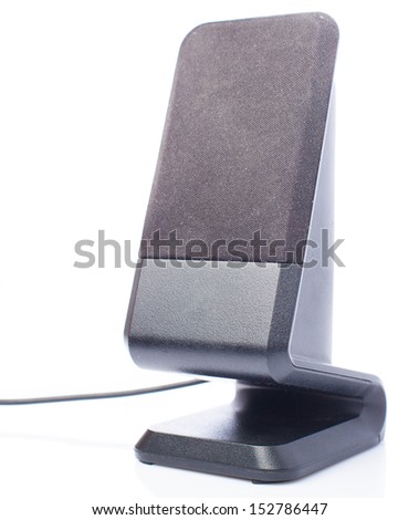 black desktop speakers on white background