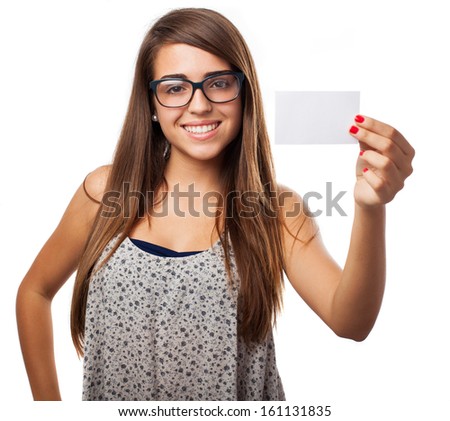 young woman showing a personal card isolated on white
