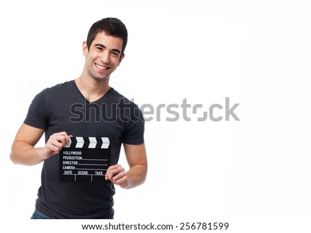 full body young man clapping with a clapper