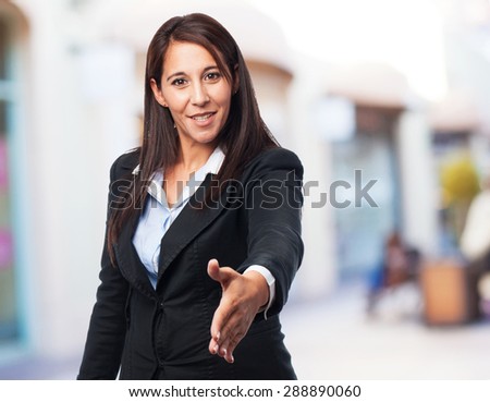 cool business woman greeting sign