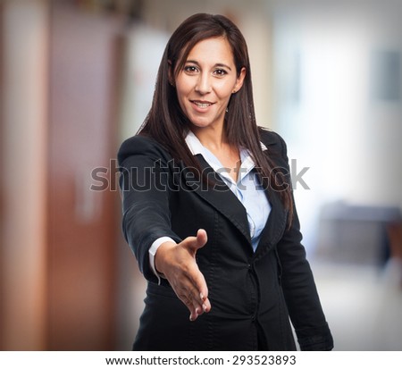 cool business woman greeting sign