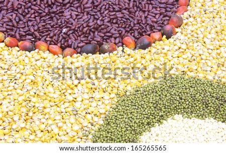 Corn, green beans, red kidney beans legumes on background