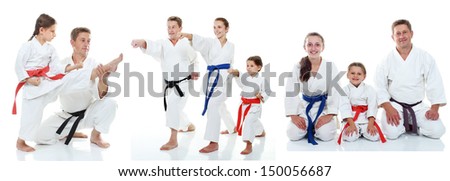Family karate athletes shows on the white background collage