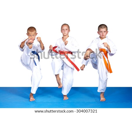 On a white background three sportsmen beats mae-geri