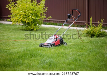 Cutting the grass with lawn mower