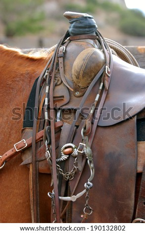 A western saddle with bridle