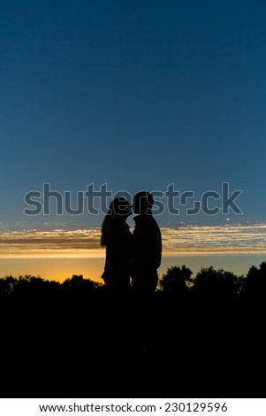 Two young people (the guy and the girl) kiss on a sunset. Romantic kiss outdoors on a sunset. romantic.