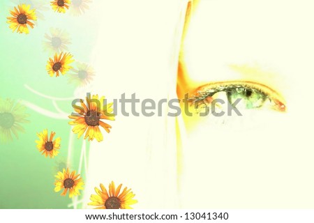 Abstract floral beauty lifestyle background with abstract face of a young girl and daisy flowers on green, seasonal spring look