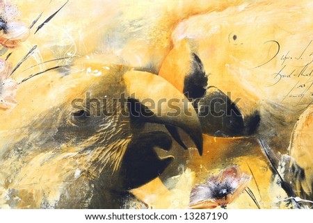 Abstract pair of kissing macaw parrots with flowers on grunge textured background. Original Art and content is created by photographer.No filter used.
