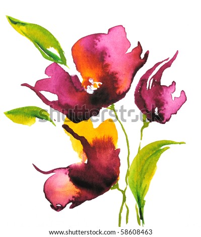stock photo Abstract floral watercolor design with stylized violet flowers
