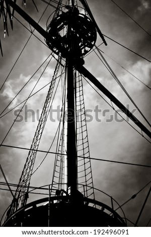 old ship mast silhouette, vintage black and white