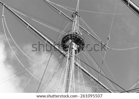 Vintage ship mast black and white photography.