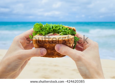 Hands holding healthy sandwich on the beach.