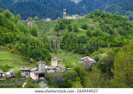 Caucasus mountain village with traditional svan towers near Mestia village, Svaneti region, Georgia