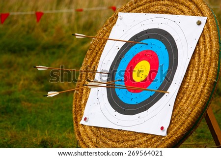 Target stand for archery with arrows in it and holes from previous hits