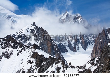 Mont Blanc snow peak, Brenva glacier, Mont Blanc du Tacul from Punta Helbronner station in Italian side