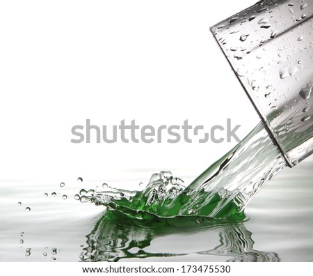 Clean water pouring out of a clear glass and forms a beautiful splash