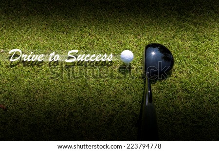 Golf driver driving ball with success banner as sport and business abstract