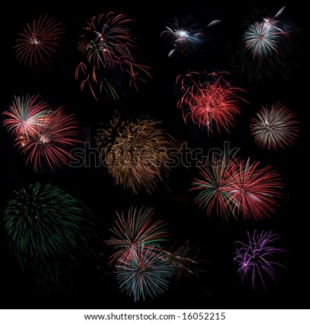 Variety of colorful fireworks on dark background, cut and paste for your own fireworks display