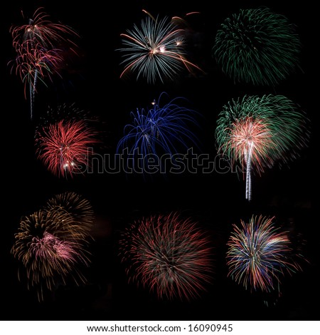 Variety of colorful fireworks on dark background, cut and paste for your own fireworks display