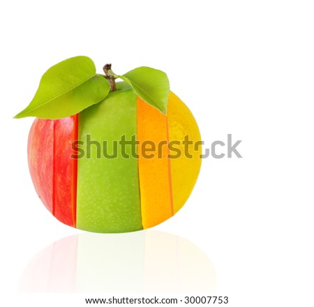 Mixed fruits with pear leaves isolated on white