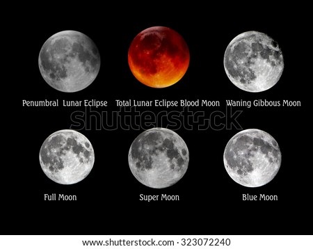 Set of full moon, blood moon, blue moon, super moon,