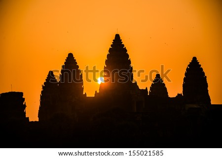 Angkor Wat silhouette Sunrise. Religion, Tradition, Culture. Cambodia, Asia.