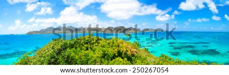 Beautiful view of Providencia tropical Island and blue bay, Green Jungle, perfect Caribbean Sea,