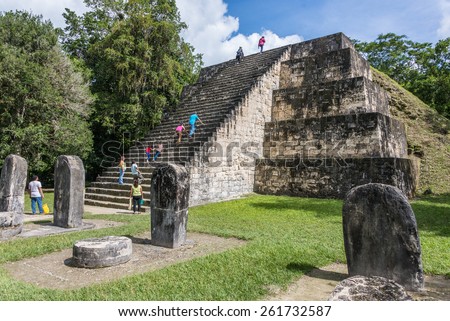 View of Mayan historic building at Tikal Jungle. Guatemala.