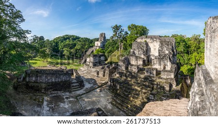 Panoramic view of Mayan historic building at Tikal Jungle. Guatemala.