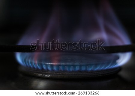 Stove burning with blue flame. Closeup Macro.