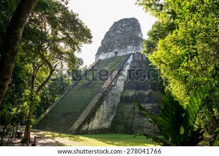 View of Mayan historic building at Tikal Jungle. Guatemala.